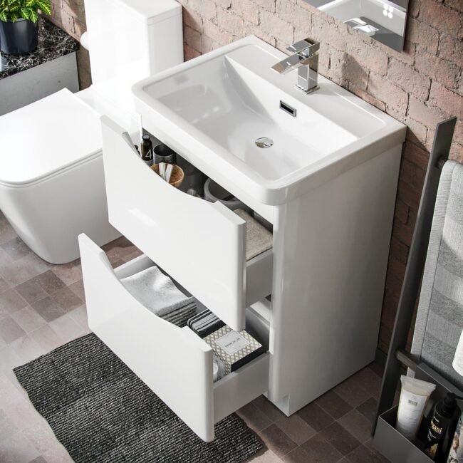 Merton 600mm Freestanding Vanity Basin Unit & Square Rimless Close Coupled Toilet White - Image 4