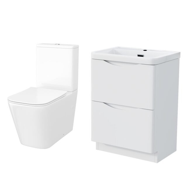 Merton 600mm Freestanding Vanity Basin Unit & Square Rimless Close Coupled Toilet White - Image 6
