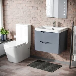Merton Grey 600mm Wall Hung Vanity Basin Unit & Square Rimless Close Coupled Toilet