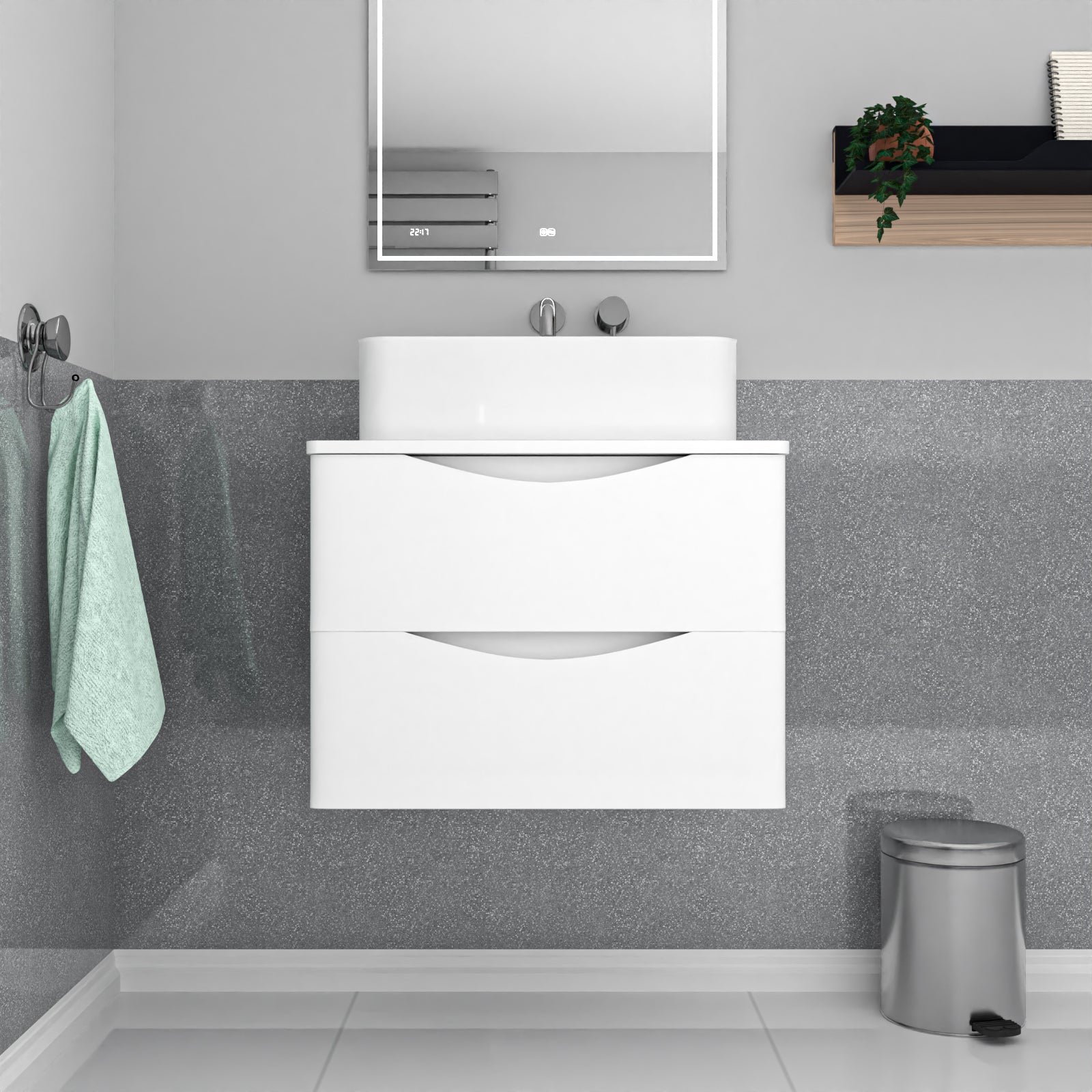 Merton 600mm White Wall Hung Vanity Unit. Worktop With Square Basin - Image 2