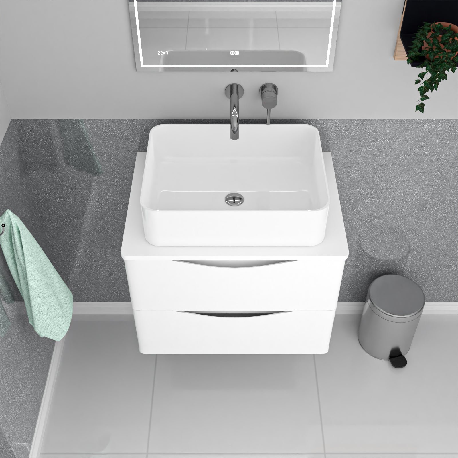 Merton 600mm White Wall Hung Vanity Unit. Worktop With Square Basin - Image 3