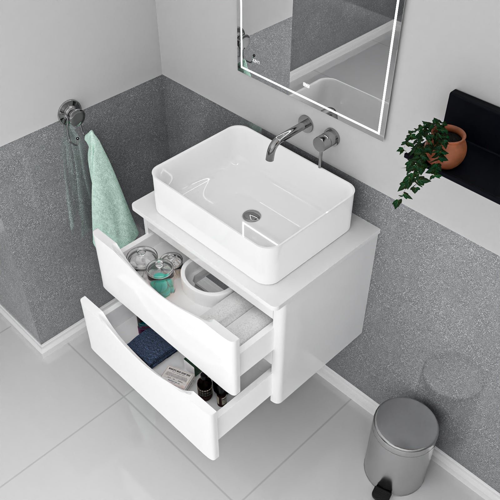 Merton 600mm White Wall Hung Vanity Unit. Worktop With Square Basin - Image 4