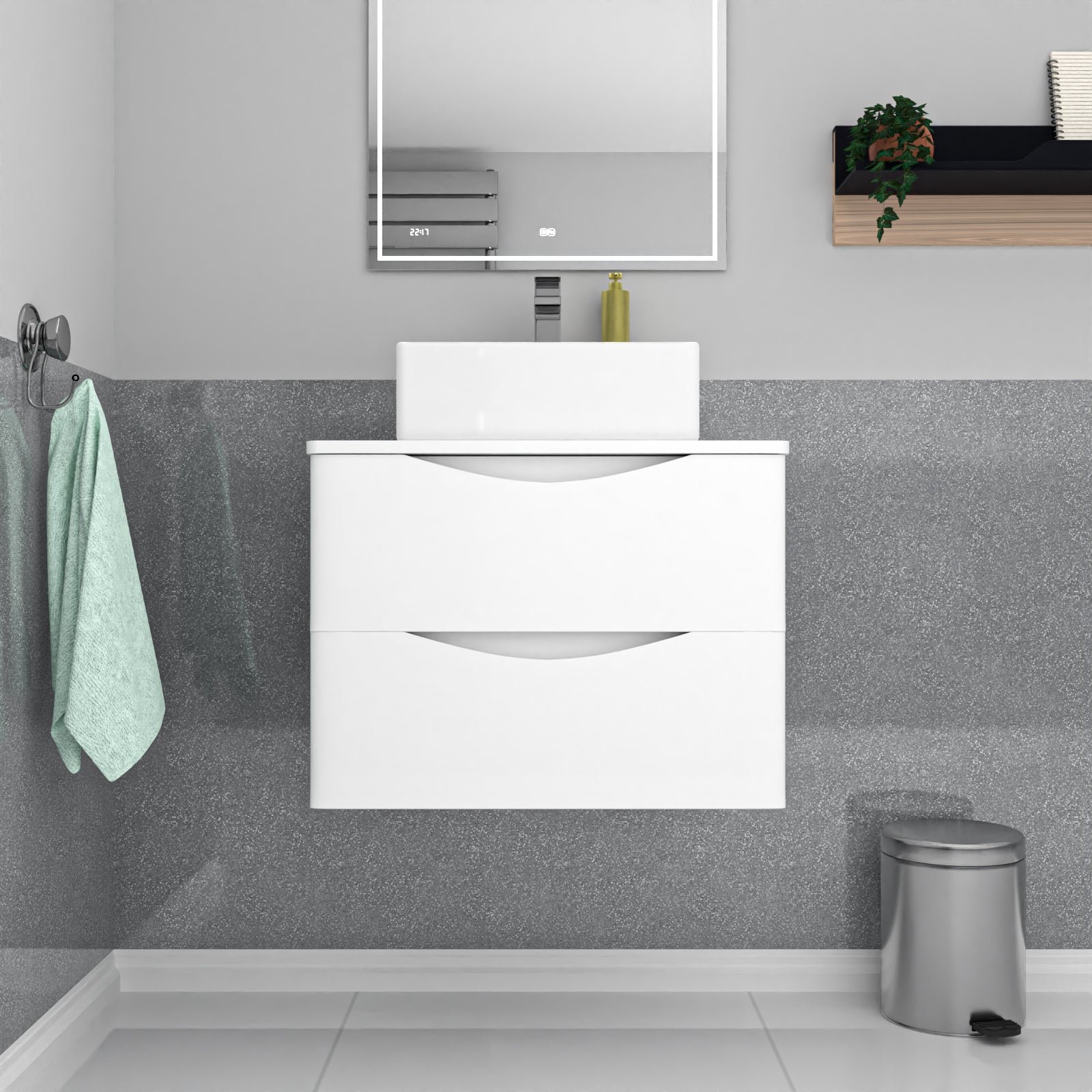 Merton 600mm Wall Hung White 2 Drawers Vanity & Worktop With Square Basin - Image 2