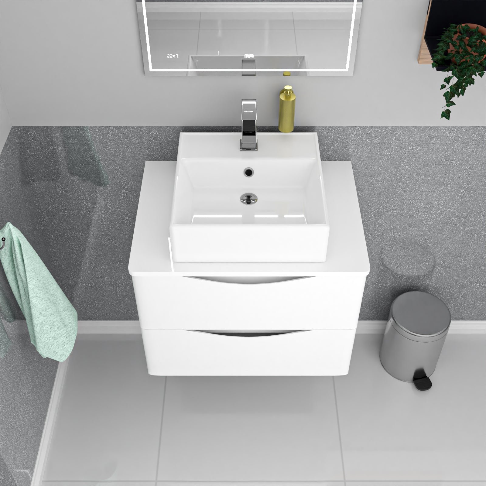Merton 600mm Wall Hung White 2 Drawers Vanity & Worktop With Square Basin - Image 3