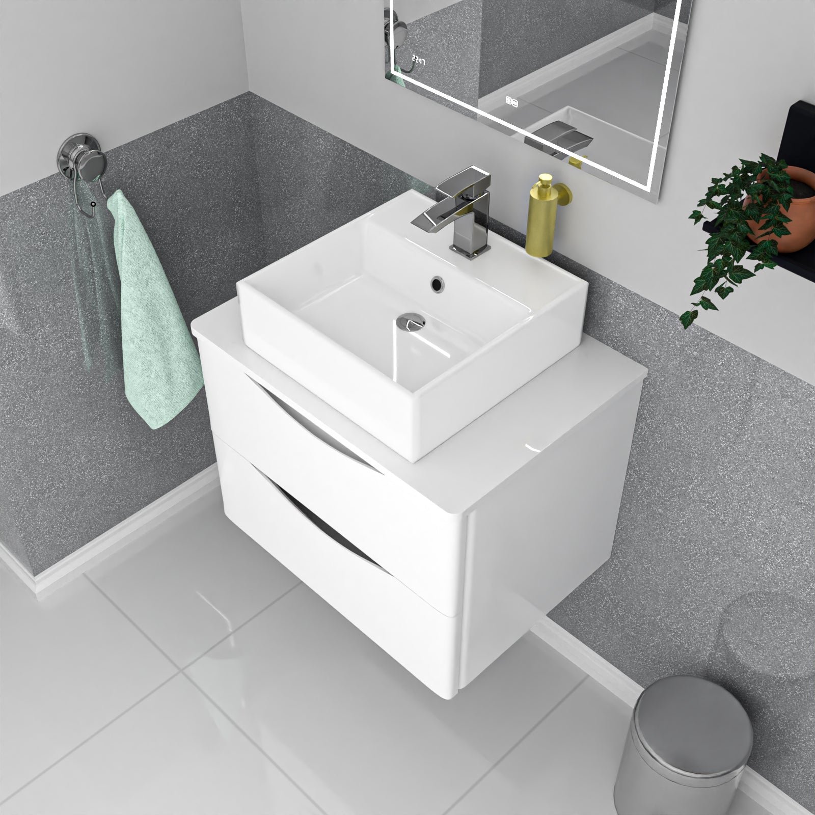 Merton 600mm Wall Hung White 2 Drawers Vanity & Worktop With Square Basin - Image 4