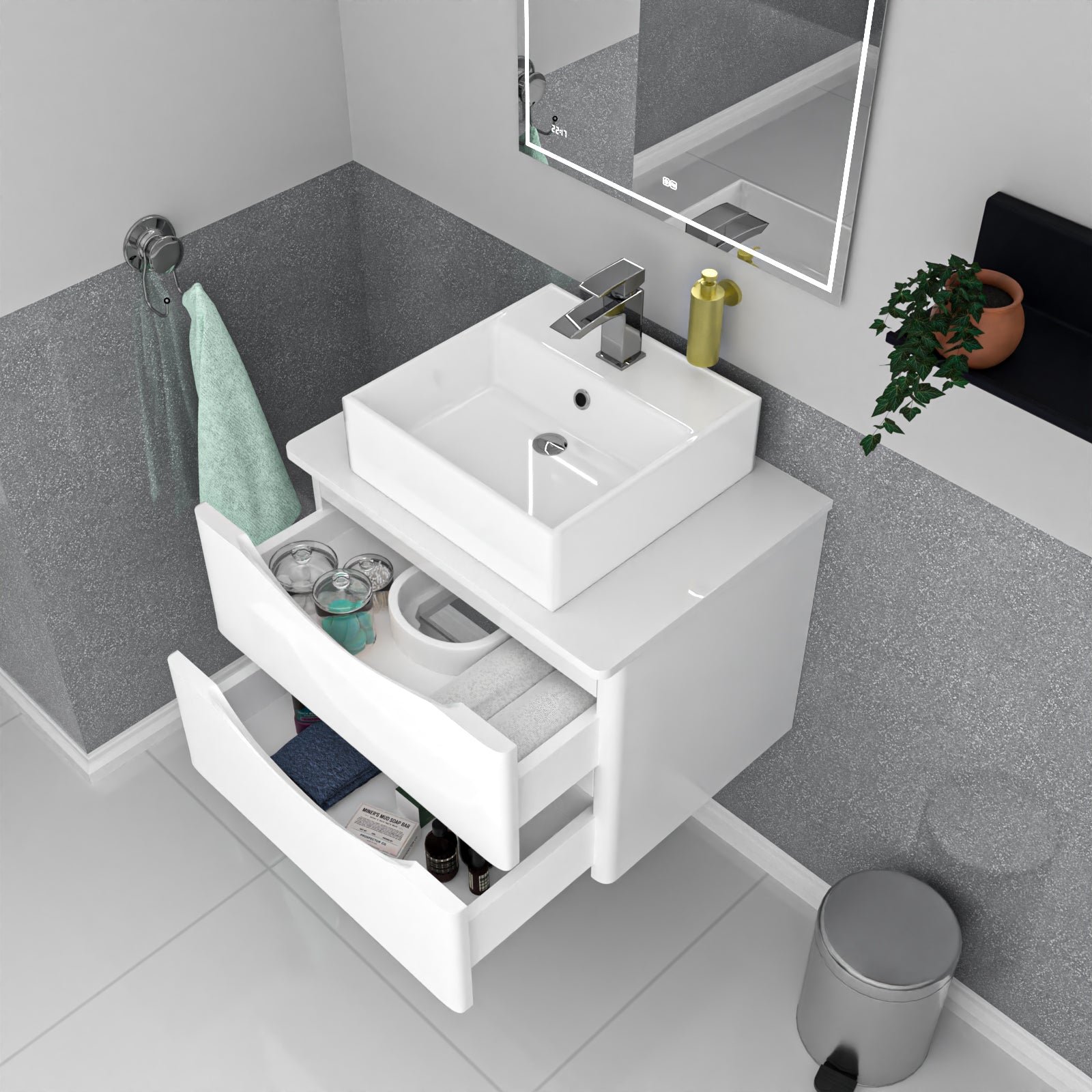 Merton 600mm Wall Hung White 2 Drawers Vanity & Worktop With Square Basin - Image 5