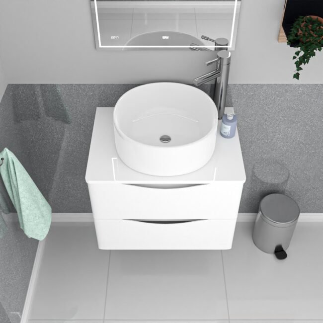 Merton 600mm White Wall Hung 2 Drawers Vanity & Worktop With Round - Image 3
