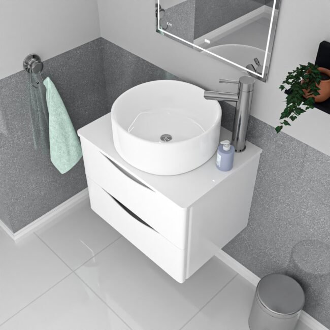 Merton 600mm White Wall Hung 2 Drawers Vanity & Worktop With Round - Image 4
