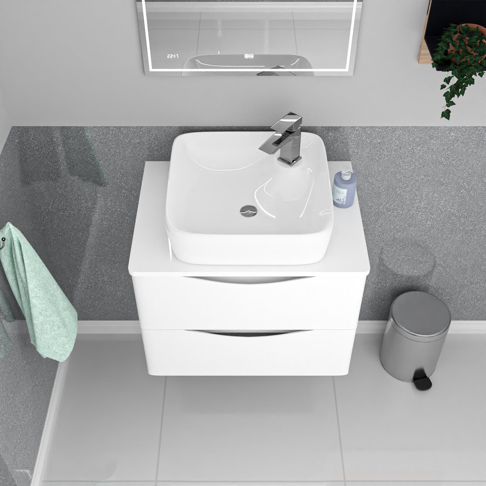 Merton 600mm Wall Hung White Vanity. Worktop & Square Rounded Corner Basin - Image 3