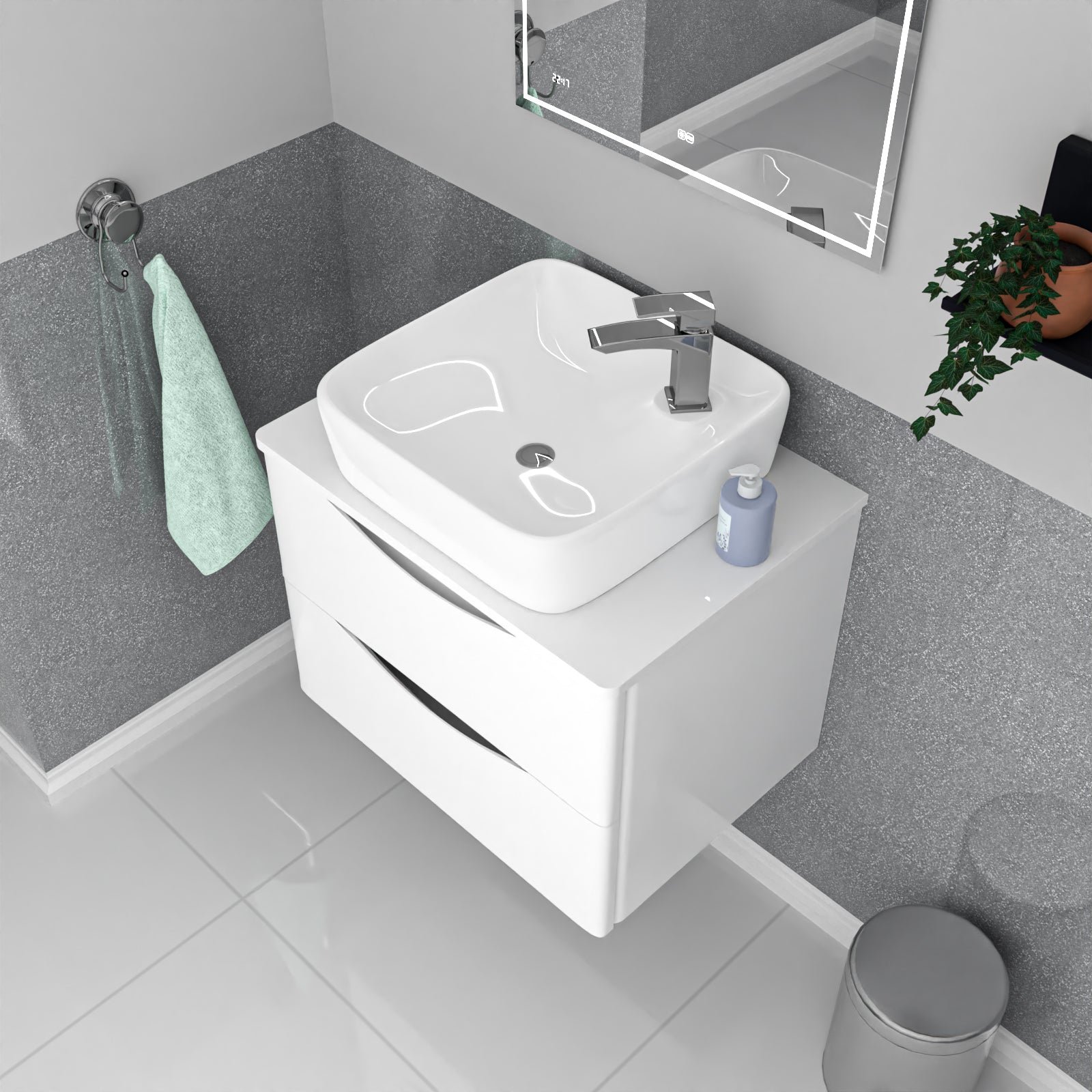 Merton 600mm Wall Hung White Vanity. Worktop & Square Rounded Corner Basin - Image 4