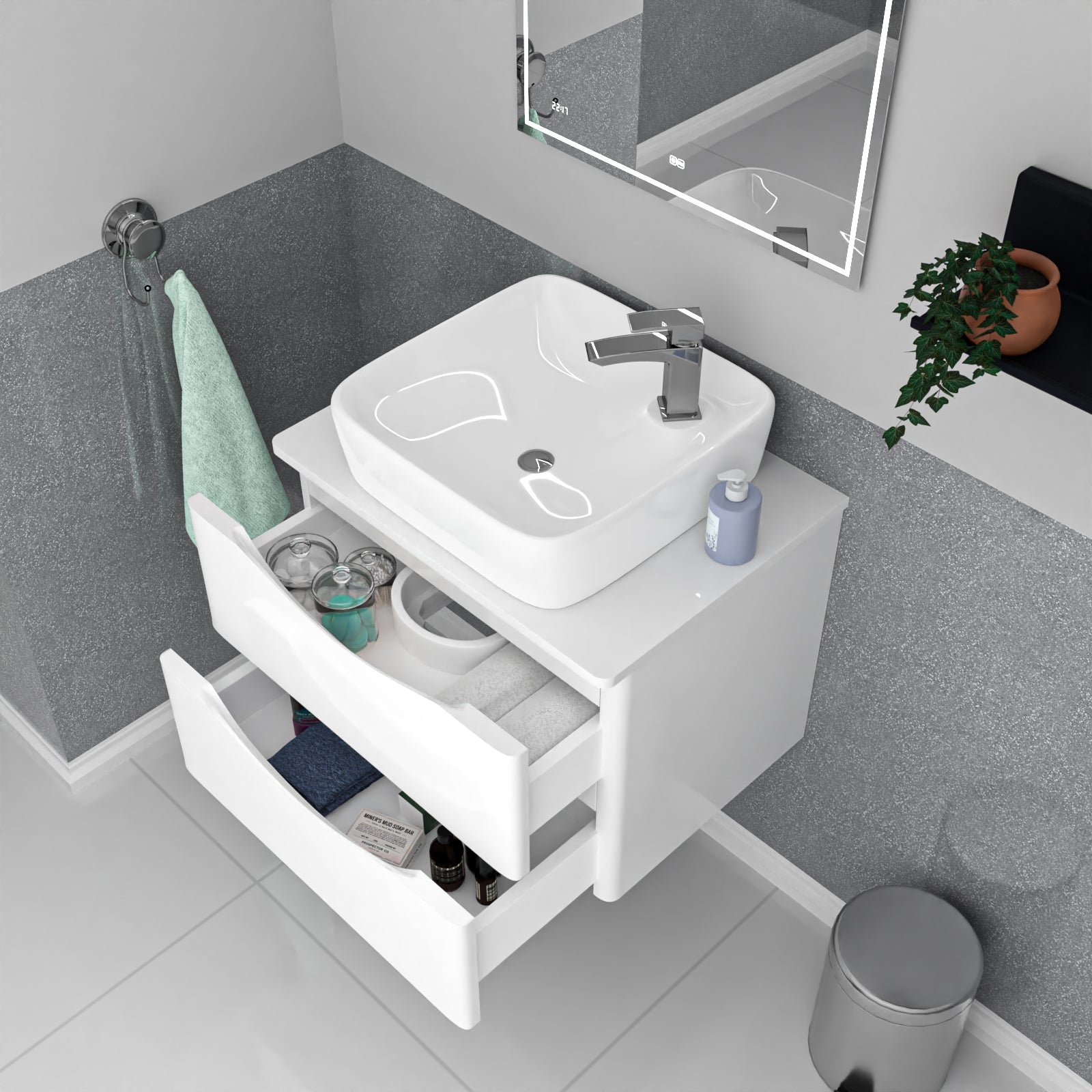 Merton 600mm Wall Hung White Vanity. Worktop & Square Rounded Corner Basin - Image 5