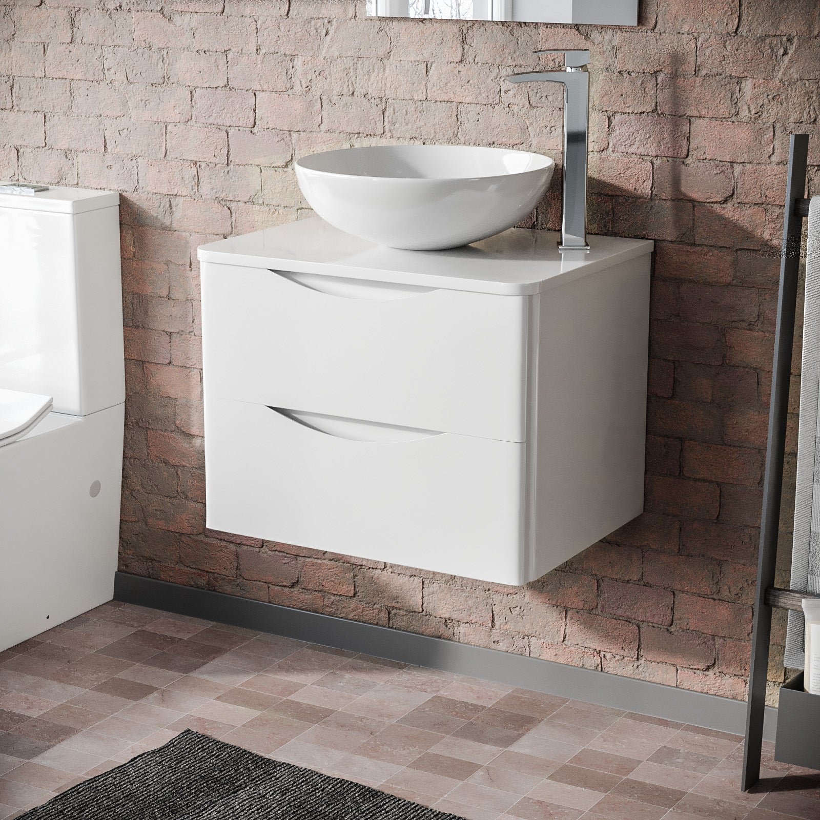 Merton White 600mm Bathroom Wall Hung Vanity Unit With Round Ceramic Countertop 410mm Basin