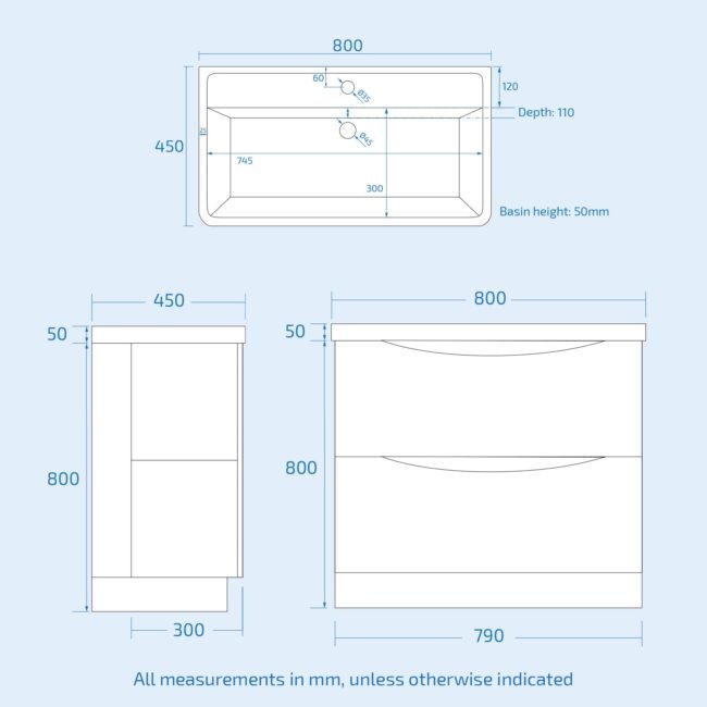 Merton 800mm Freestanding Gloss White Basin Vanity Sink 2 Drawer - Image 8