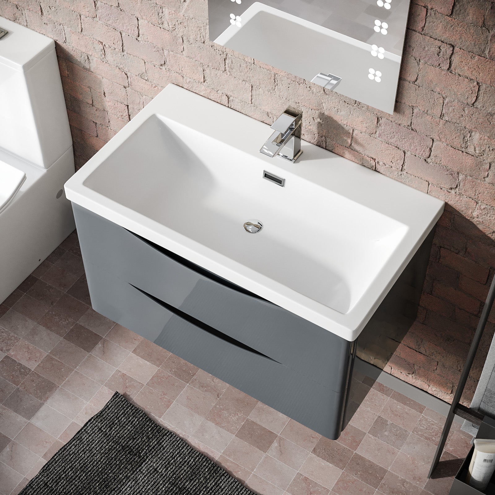 Merton Grey 800mm Wall Hung Drawer & Resin White Basin Sink Vanity Unit - Image 3