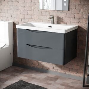 Merton Grey 800mm Wall Hung Drawer & Resin White Basin Sink Vanity Unit