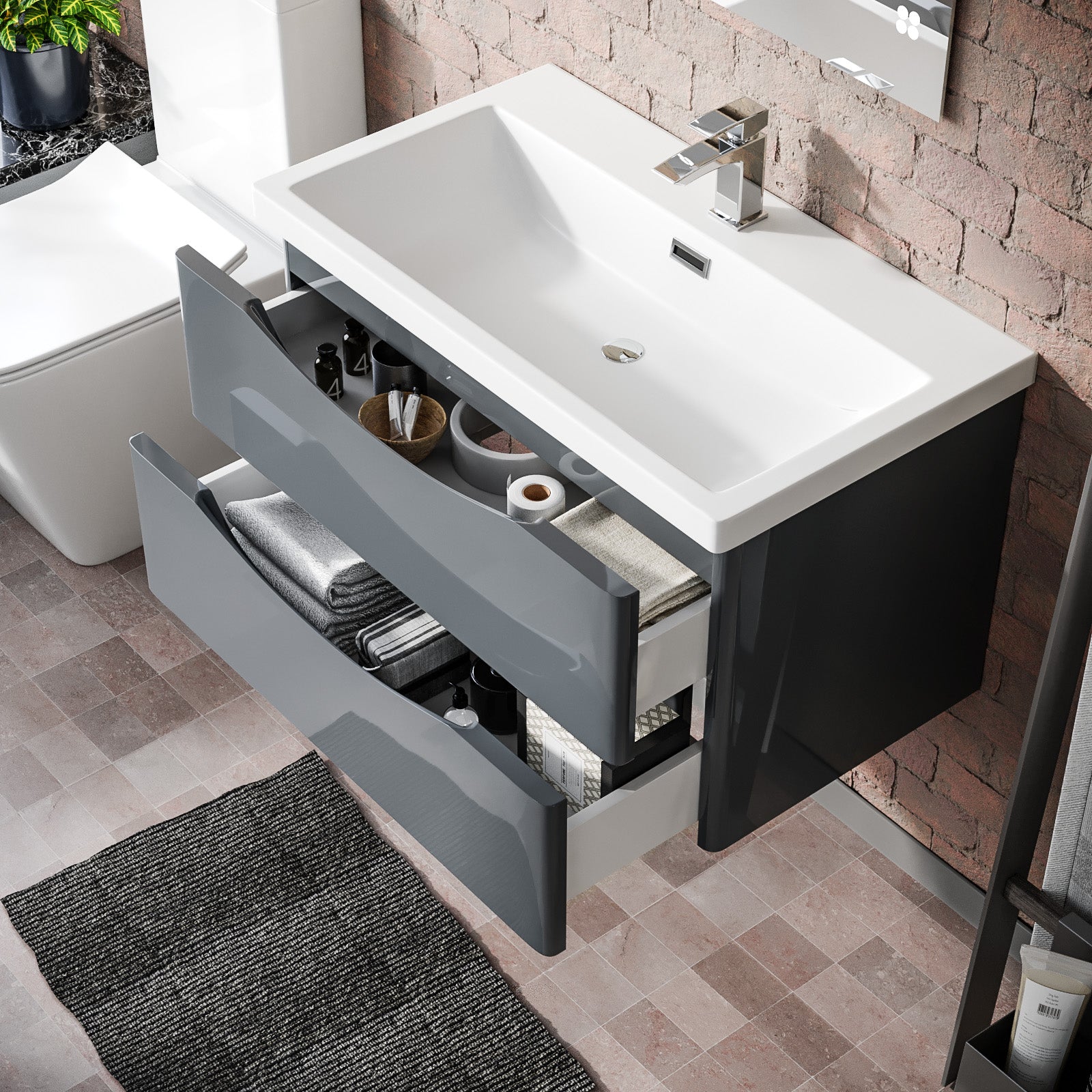 Merton Grey 800mm Wall Hung Drawer & Resin White Basin Sink Vanity Unit - Image 6