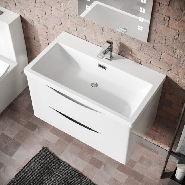 Merton 800mm White Wall Hung Basin Sink Vanity with Storage Drawers - Image 3