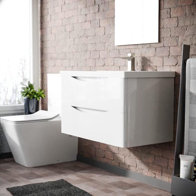 Merton 800mm White Wall Hung Basin Sink Vanity with Storage Drawers - Image 4
