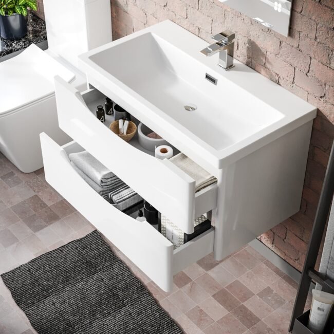 Merton 800mm White Wall Hung Basin Sink Vanity with Storage Drawers - Image 6