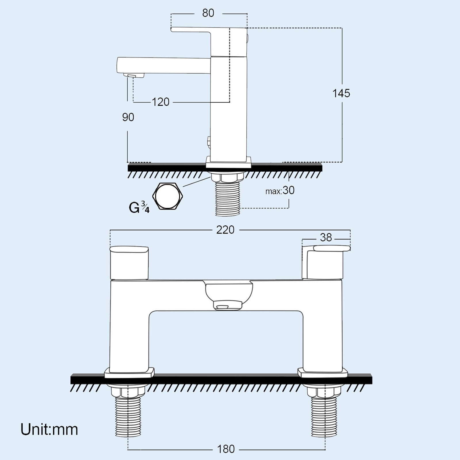 Brayton Cube Bathroom Deck Mounted Chrome Bath Filler Mixer Tap - Image 5