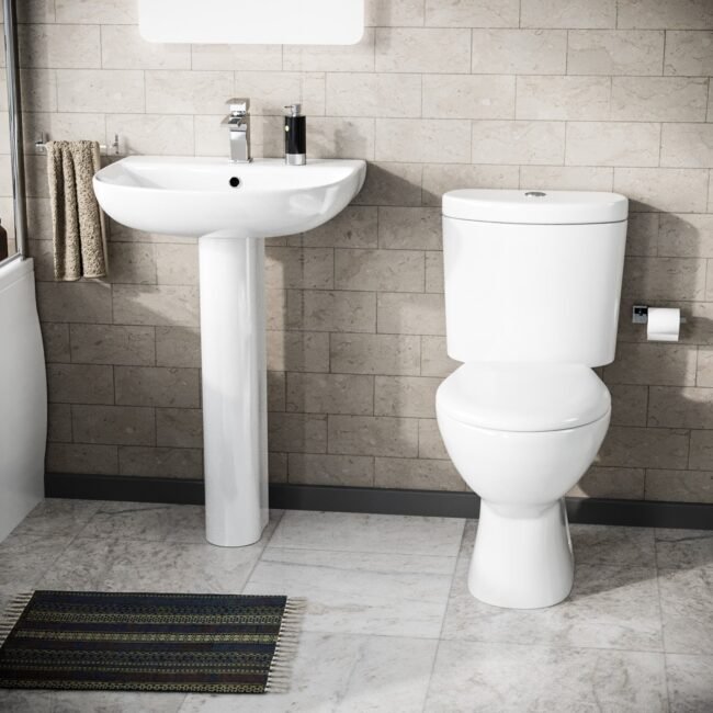 Cloakroom Close Coupled Toilet & 570mm Full Pedestal Basin White - Image 2