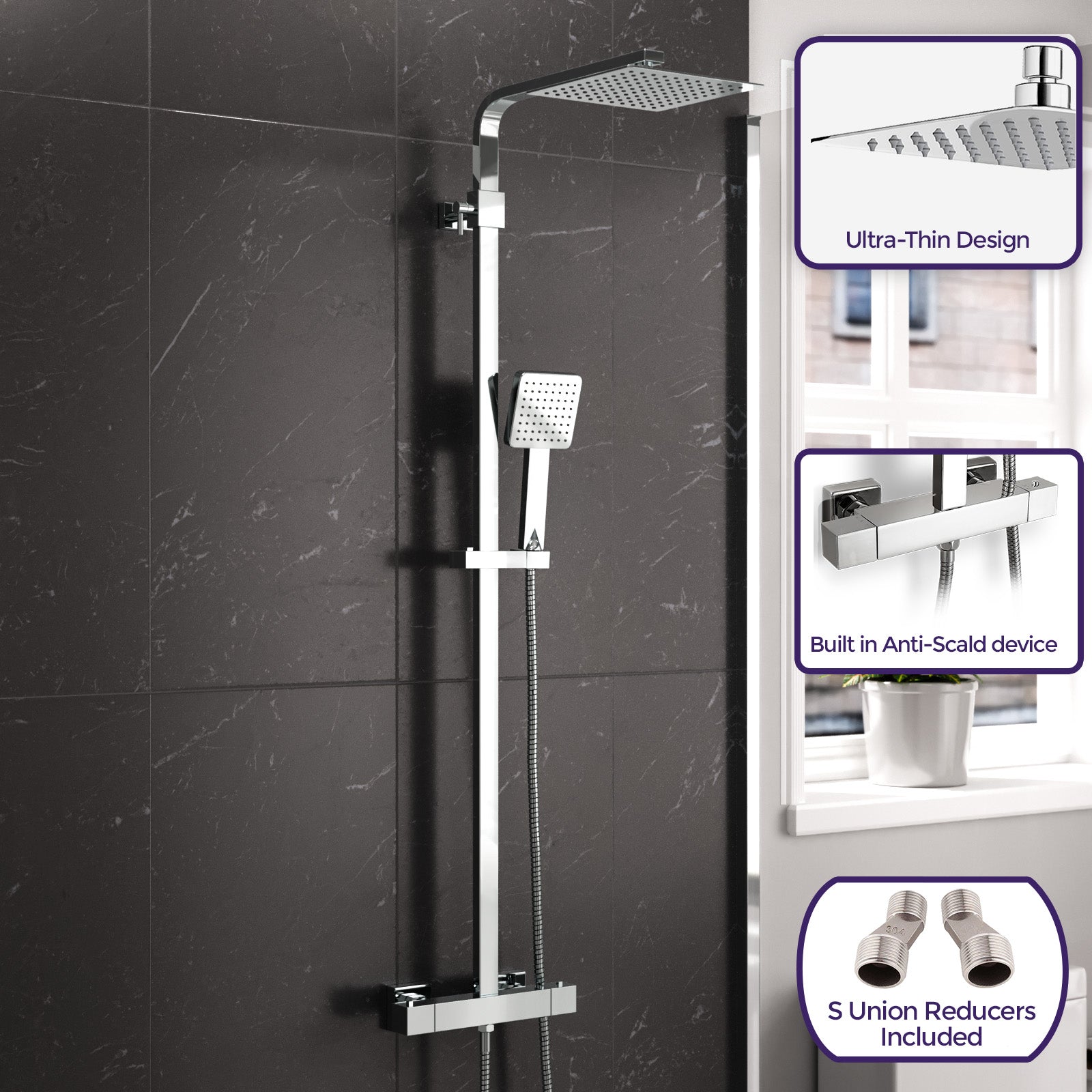Modern Square Exposed 2-Way Thermostatic Mixer Shower Set With Easy Fittings - Image 4