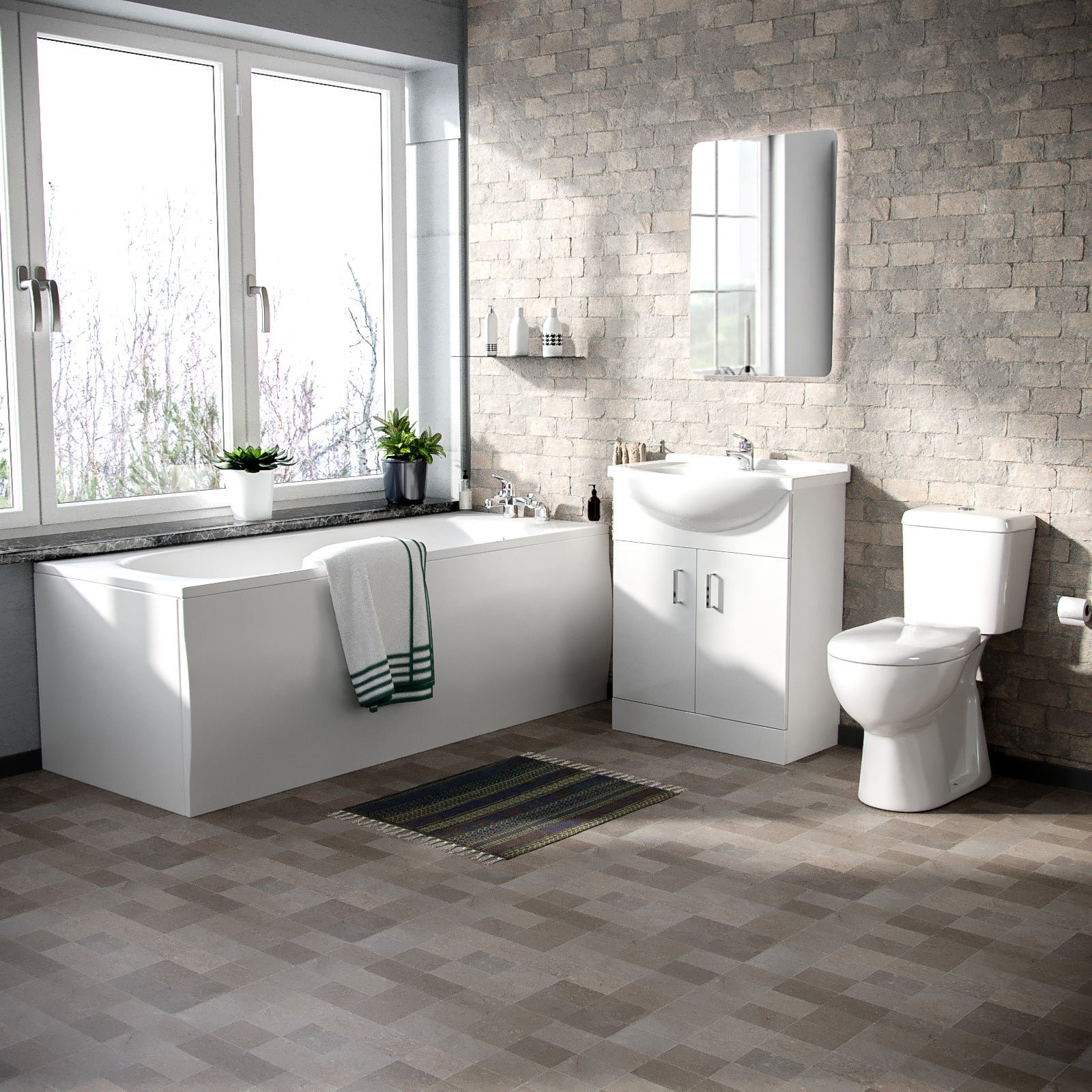 Ellen Bath Suite 1700mm Bathtub. 650mm White Basin Vanity & Close Coupled Toilet