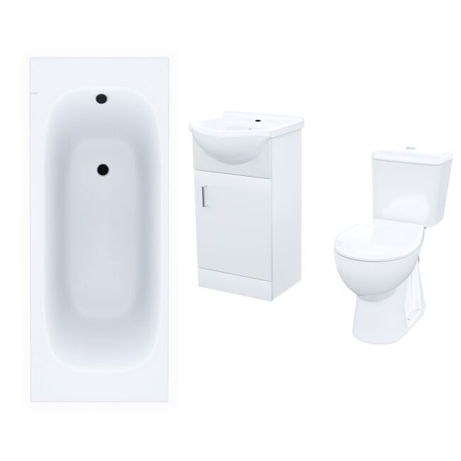 Ellen 3-Piece Bathroom Suite White - Close Coupled Toilet. 450mm Basin Vanity Unit and Round Bath Tub - Image 2