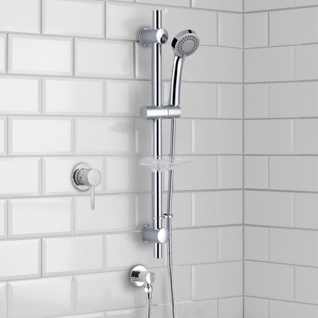 Round Chrome Concealed Shower Mixer Valve. Slider Rail Kit with Handset & Elbow