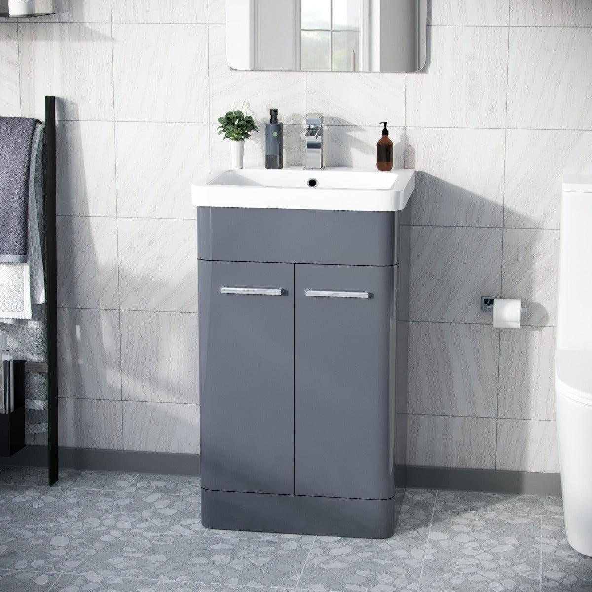 Afern 500mm Freestanding Vanity Unit Cabinet & Wash Basin Steel Grey Flat Pack - Image 2