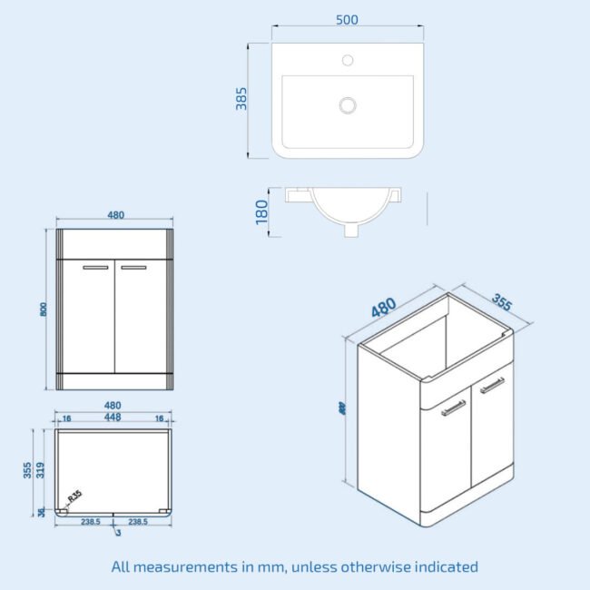 Afern Matte Grey 500mm Freestanding Vanity Unit Cabinet & Wash Basin - Image 7