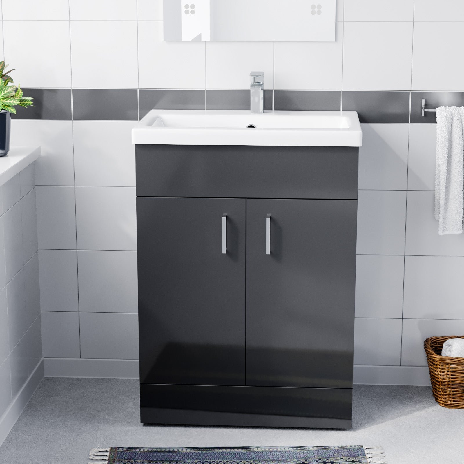 Nanuya Dark Grey 600mm Floor Standing Vanity Unit & White Basin Flat Pack - Image 2