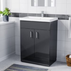 Nanuya Dark Grey 600mm Floor Standing Vanity Unit & White Basin Flat Pack