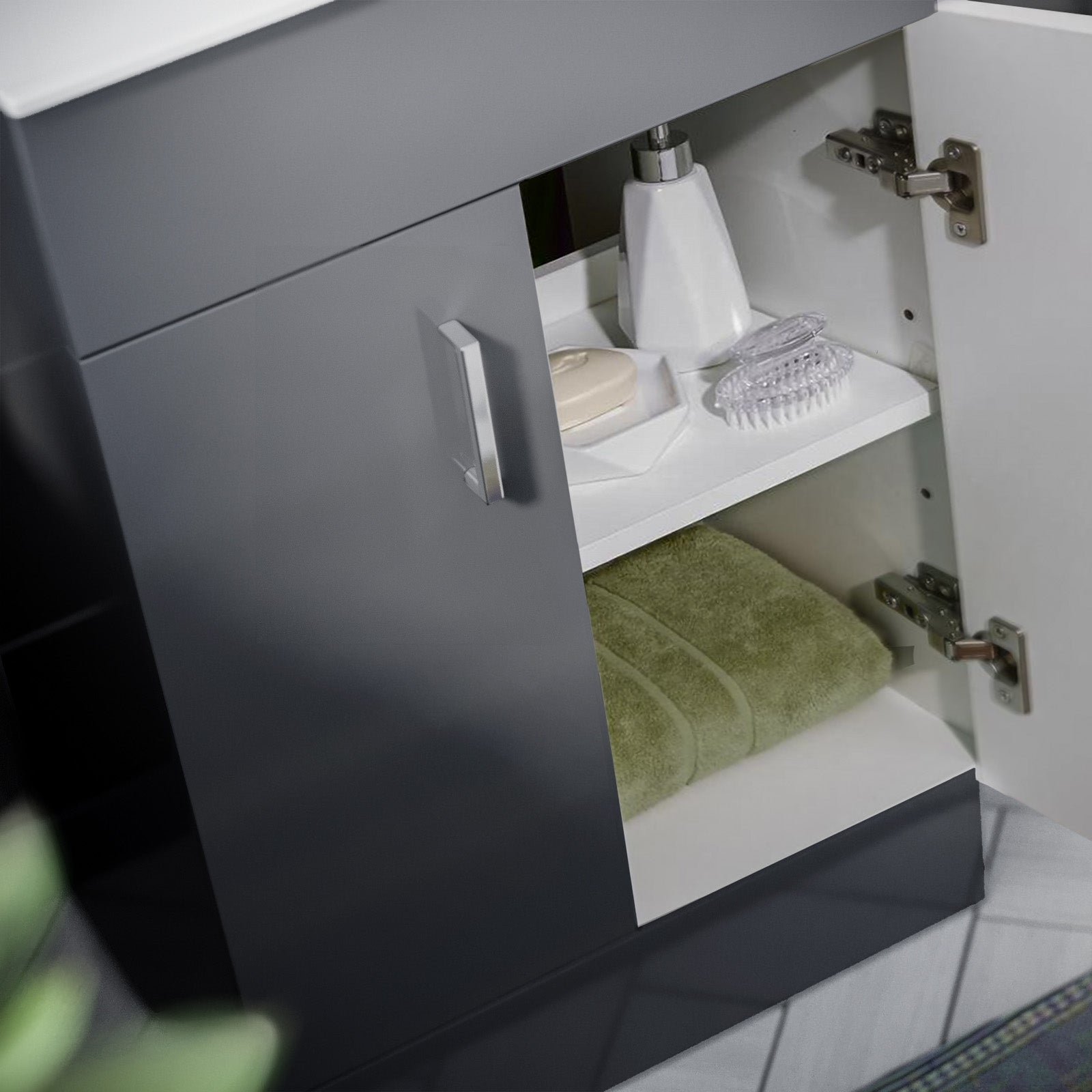 Nanuya Dark Grey 600mm Floor Standing Vanity Unit & White Basin Flat Pack - Image 5