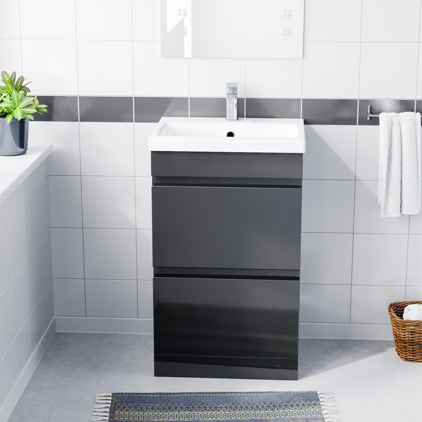 Alaska 500mm PVC Freestanding Basin Vanity Unit 2 Drawers Handless Dark Grey - Image 2