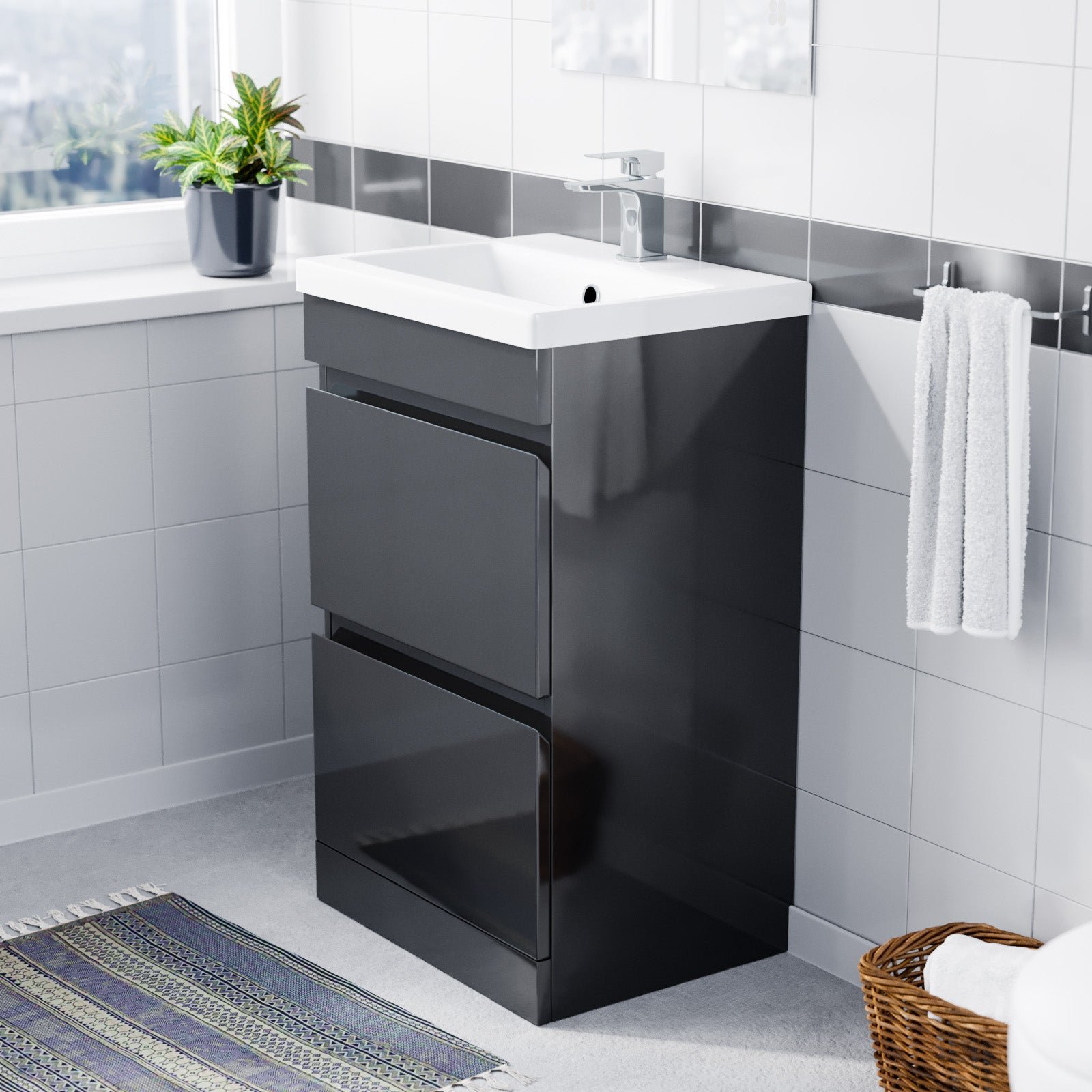 Alaska 500mm PVC Freestanding Basin Vanity Unit 2 Drawers Handless Dark Grey - Image 3
