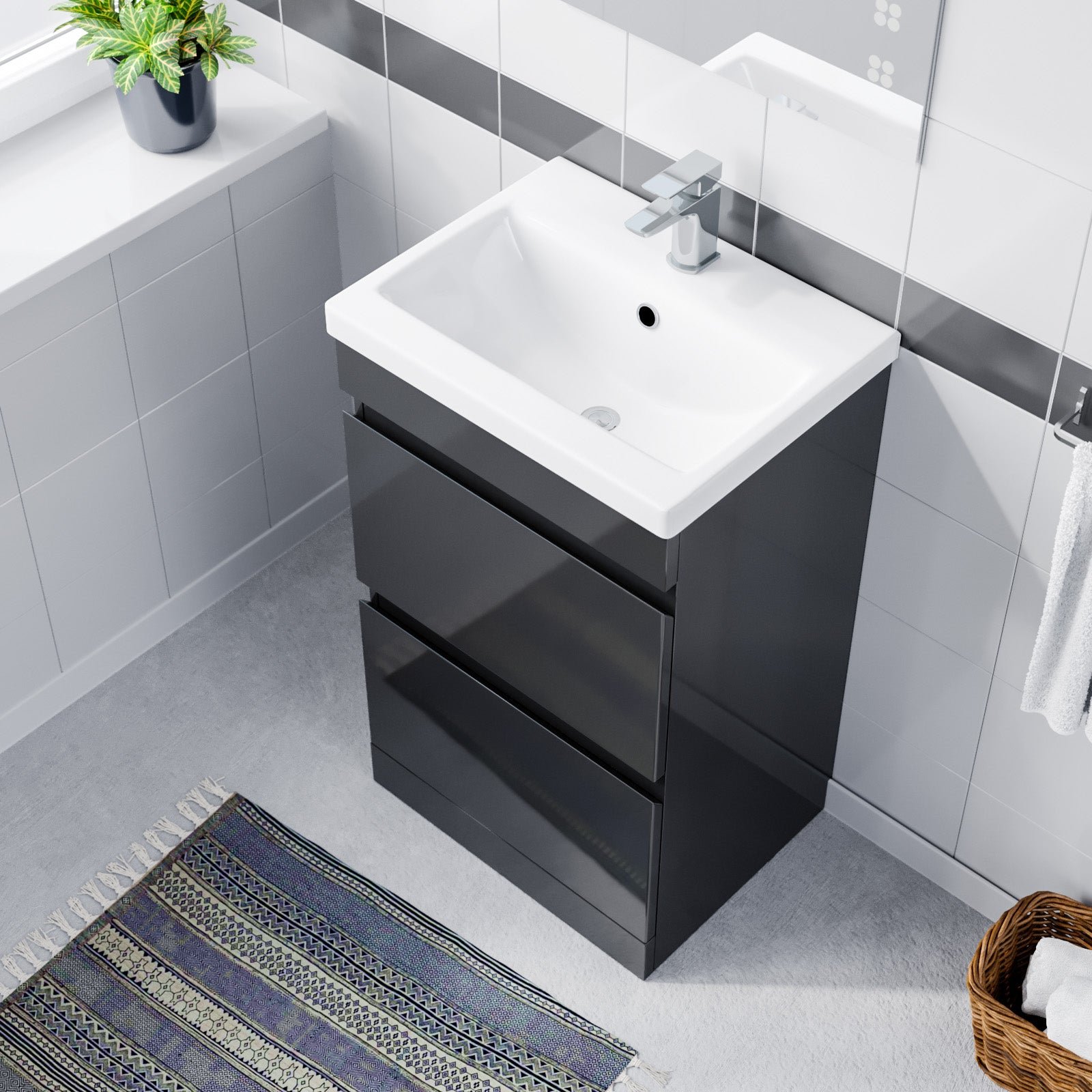 Alaska 500mm PVC Freestanding Basin Vanity Unit 2 Drawers Handless Dark Grey - Image 4