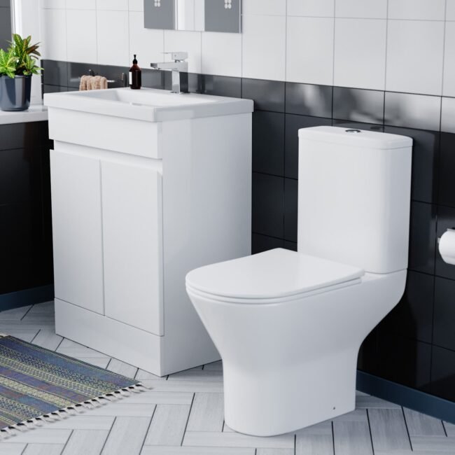 Alaska Flat Pack 600mm Gloss White Basin Vanity & Theo Close Coupled Rimless Toilet Set - Image 2