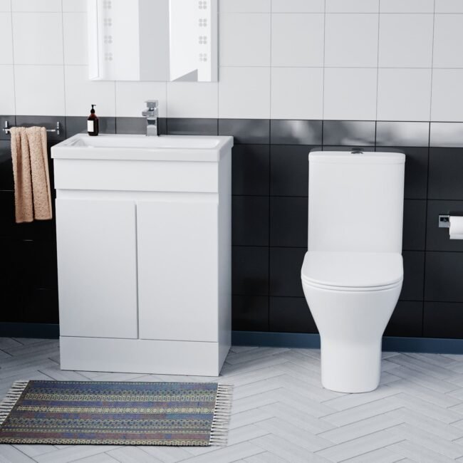 Alaska Flat Pack 600mm Gloss White Basin Vanity & Theo Close Coupled Rimless Toilet Set - Image 3