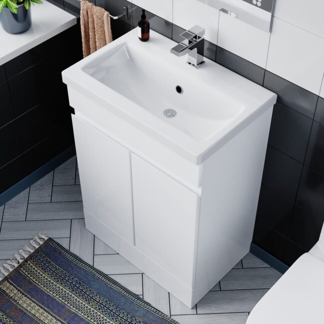 Alaska Flat Pack 600mm Gloss White Basin Vanity & Theo Close Coupled Rimless Toilet Set - Image 4