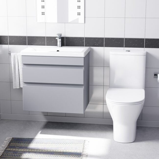 Alaska Matte Grey 600mm Drawers Vanity Unit Wall Hung & Rimless Toilet Set - Image 2