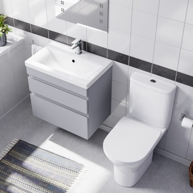 Alaska Matte Grey 600mm Drawers Vanity Unit Wall Hung & Rimless Toilet Set - Image 4