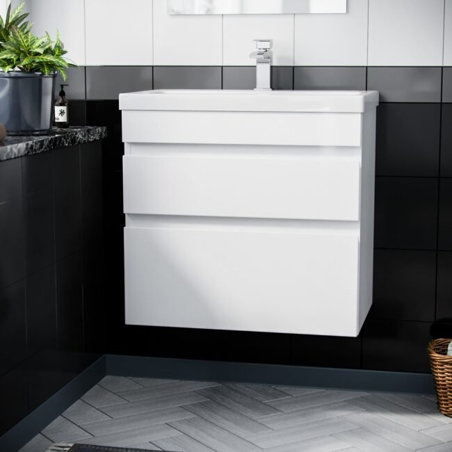 Alaska White 600mm PVC 2 Drawer Wall Hung Vanity Cabinet and Basin Unit - Image 2