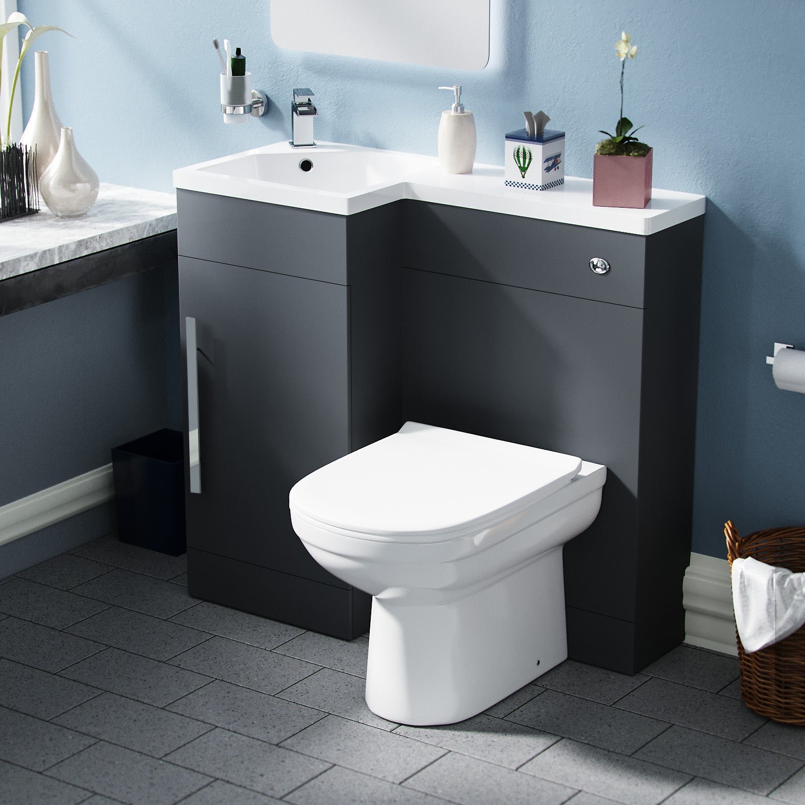 Alaska 900mm Left Hand Matt Grey Basin Vanity. WC Unit & Back To Wall Toilet