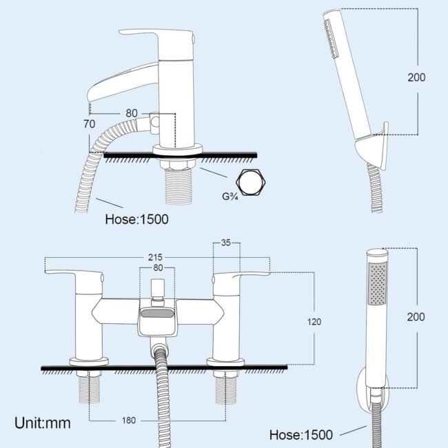 Vago Modern Set Of Waterfall Basin Mono Mixer Tap & Bath Shower Mixer Tap With Handset Kit - Image 11