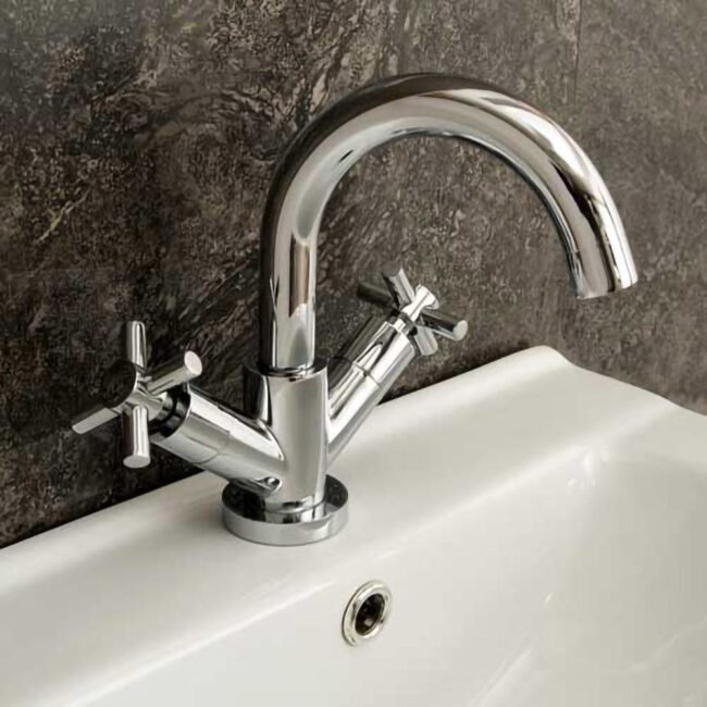 Indigo Modern Chrome Basin Cross Head Mixer Tap With Curved Spout And Sprung Clicker Waste - Image 2