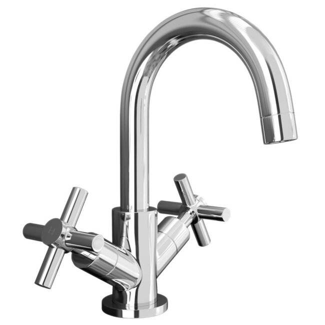 Indigo Modern Chrome Basin Cross Head Mixer Tap With Curved Spout And Sprung Clicker Waste - Image 3