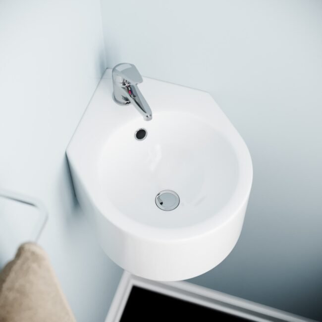 300 X 435mm Bathroom Wall Hung Cloakroom Ceramic Compact Corner Basin Sink And Fittings - Image 2
