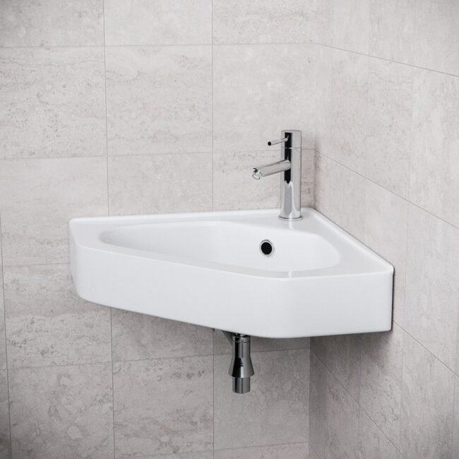 Tulla Corner Triangle Wall Hung Basin Sink. Chrome Round Bottle Trap Waste & Tap - Image 2