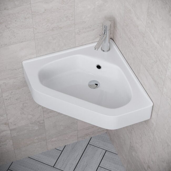 Tulla Corner Triangle Wall Hung Basin Sink. Chrome Round Bottle Trap Waste & Tap - Image 3